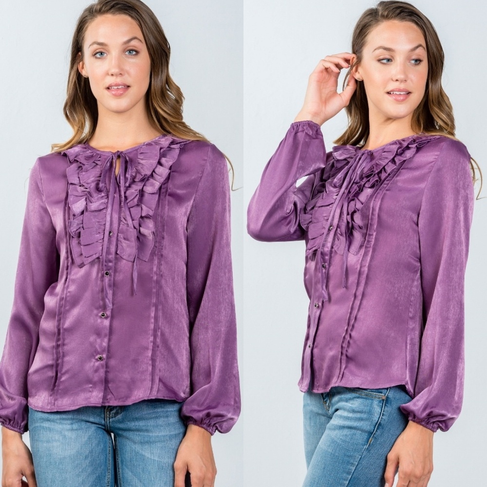 💜 Beulah Plum Ruffled Satiny Blouse with Tie Neck